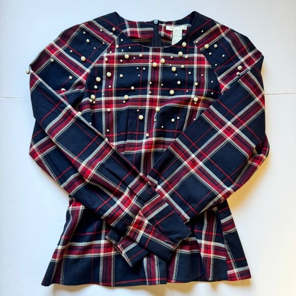NWT H&M Beaded Flannel Blouse Long Sleeve Plaid Mod Holiday Shirt Top Sz 2 - Picture 7 of 12